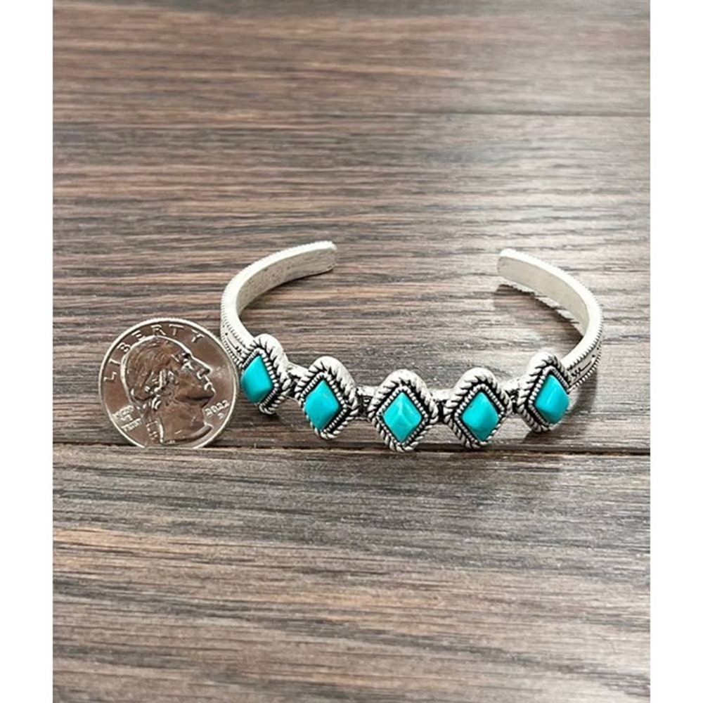 Turquoise Diamond Cuff Bracelet Western Rodeo Boho Silver Tone